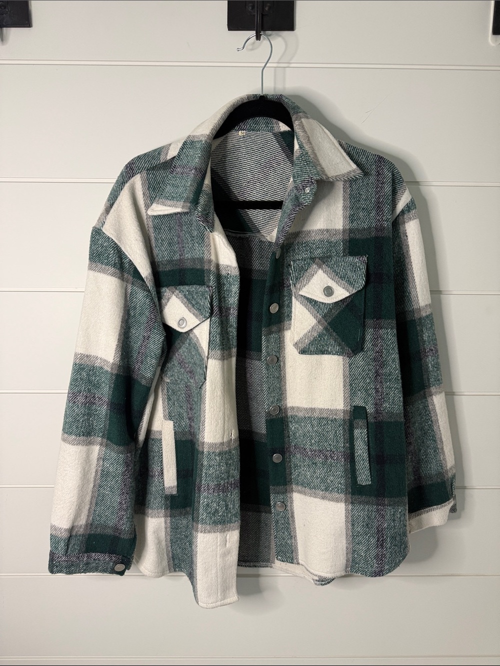 Green and White Plaid Button-Up Shacket